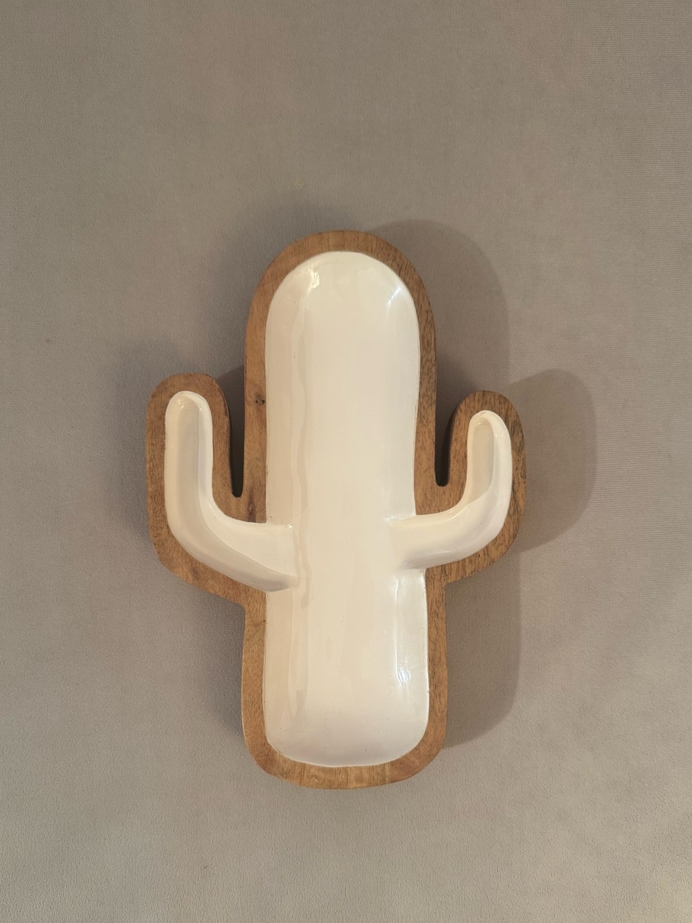 Decorative White & Wood Cactus Catch All Accent Tray